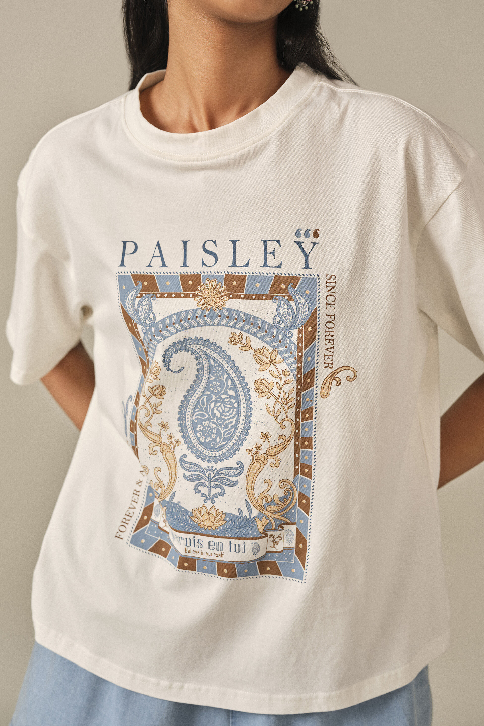 Printed Cotton T-shirt in White, White, image 4